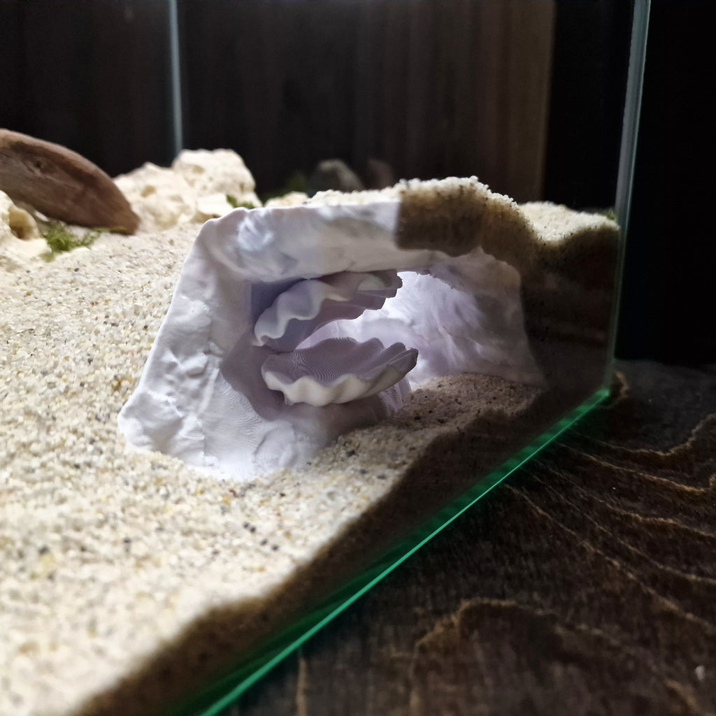 Aquarium Cave with Integrated Clam Shell Hide – 3D Printed Rock Texture Decor for Fish Tanks, Aquascapes, and Reptile Terrariums - PhD Aqua Fabrication