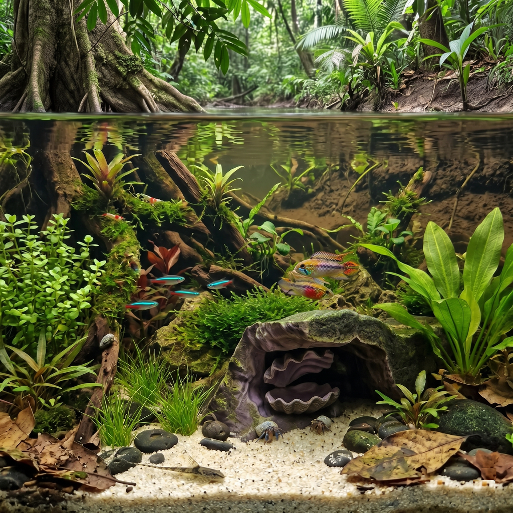 Aquarium Cave with Integrated Clam Shell Hide – 3D Printed Rock Texture Decor for Fish Tanks, Aquascapes, and Reptile Terrariums - PhD Aqua Fabrication