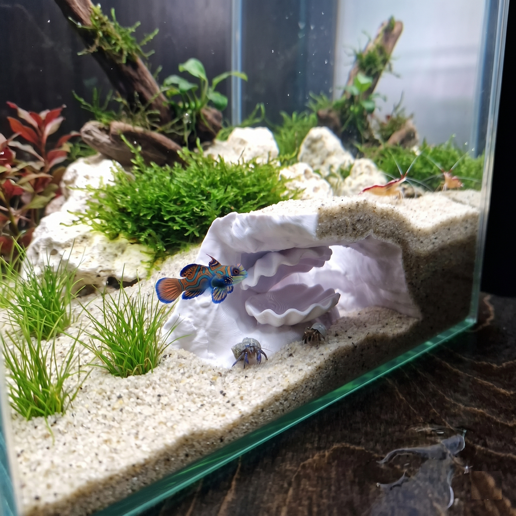 Aquarium Cave with Integrated Clam Shell Hide – 3D Printed Rock Texture Decor for Fish Tanks, Aquascapes, and Reptile Terrariums - PhD Aqua Fabrication