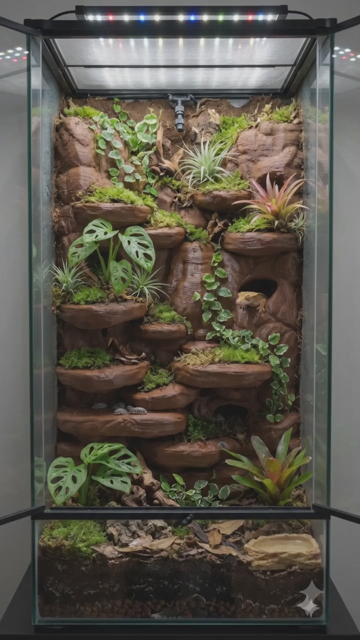 Customizable Terrarium Background Wall – 3D Rock Wall with Cave Hides and Ledge Basking Areas for Terrascaping and Aquascaping - "Hides and Hotspots" Model