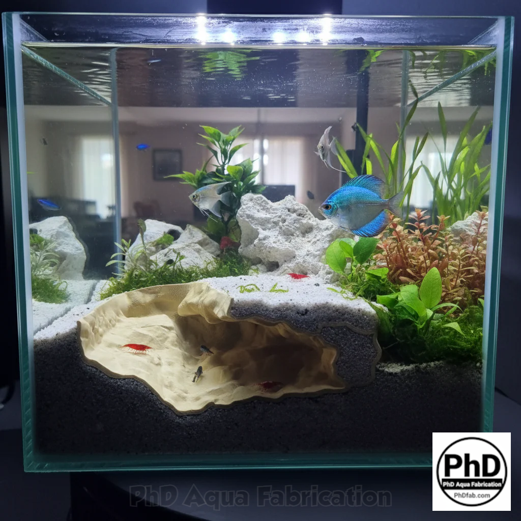 Aquarium Cave Decor - Underground Rock Sanctuary for Fish Tanks - 3D Printed Stone Hideout - Minimalist Aquascape & Terrarium Ornament